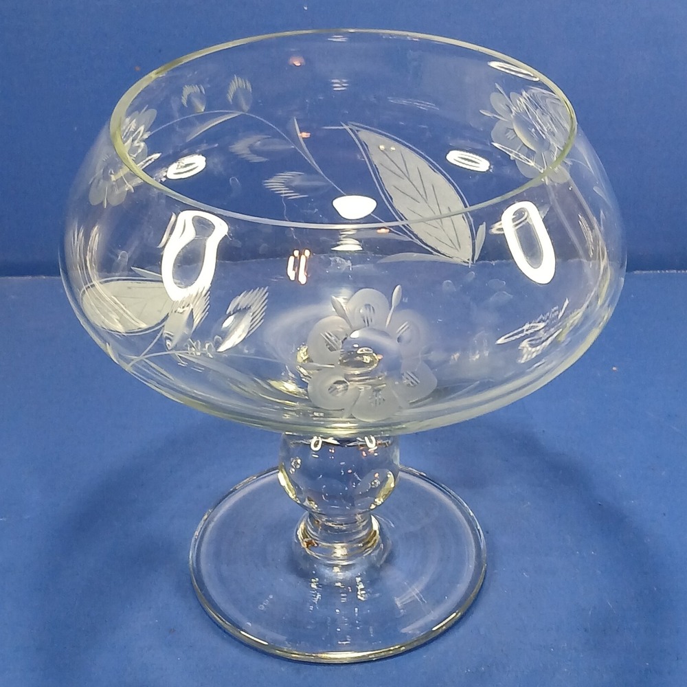 Crystal Pedestal Compote Cut & Etched Candy Dish Floral Design Romania Elegant